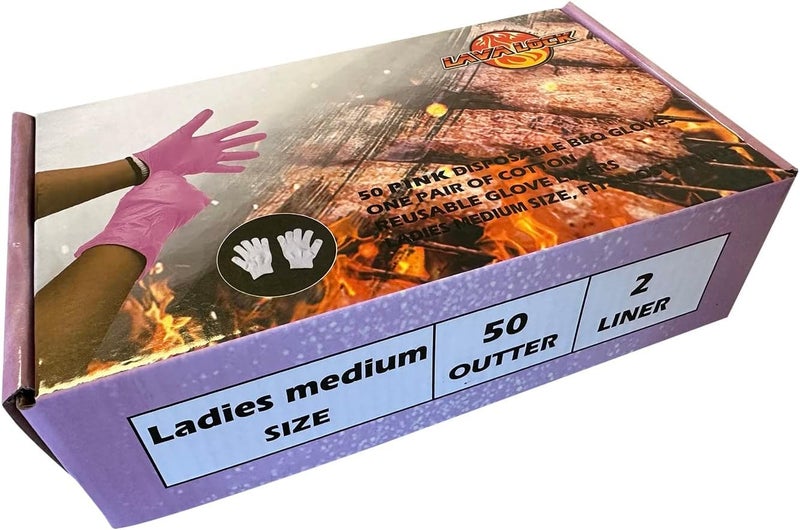 LavaLock Disposable Nitrile BBQ Gloves with Cotton Liners for Outdoor Cooking Grilling Smokers and Barbecue Competition, Chef or Kitchen use (Medium 50 Count Pink) - Image 1